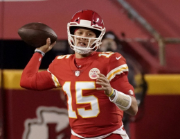 Kansas City Chiefs quarterback Patrick Mahomes thows against the Denver Broncos in the first half of an NFL football game in Kansas City